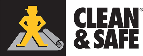 Yellow figure standing on rolled mat beside "CLEAN & SAFE" text, symbolizing protection and exceptional work.