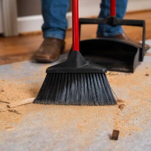 Broom sweeping wood shavings on a Clean&Safe®Pro mat, ideal for leak-proof, skid-resistant protection.